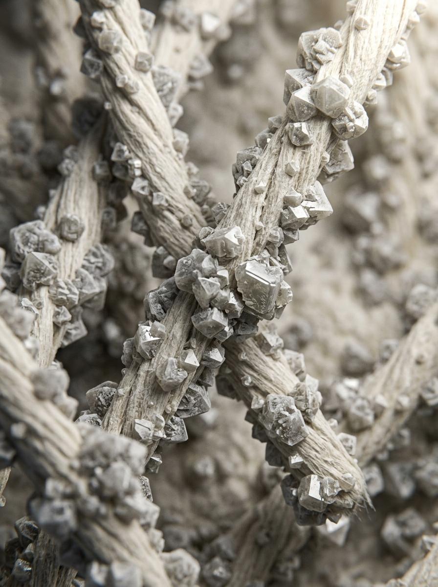 Vue microscopique de fibres de coton recouvertes de cristaux de calcaire, illustrant la cause de la raideur du tissu.
