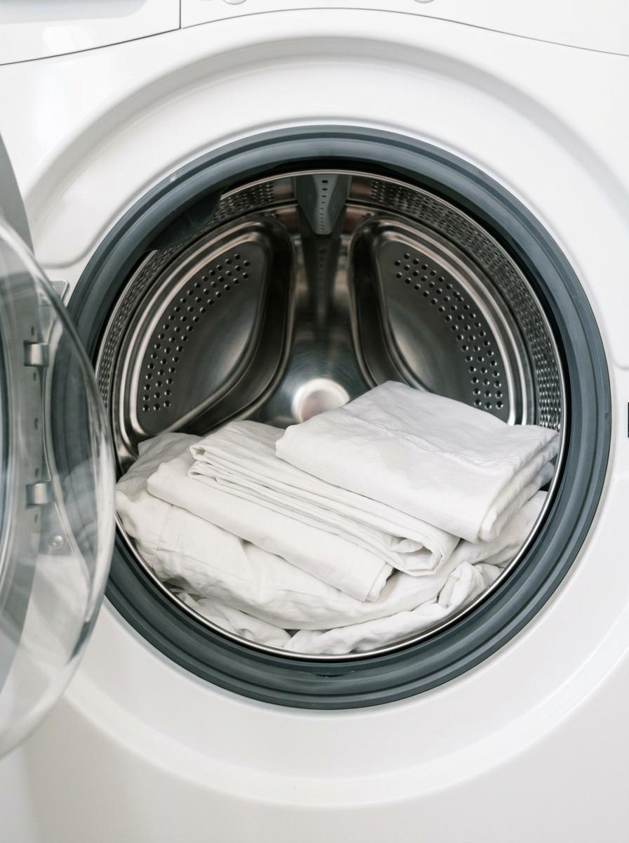 Vue de l'intérieur d'un tambour de machine à laver propre, contenant des draps en coton blanc prêts pour un cycle d'entretien.