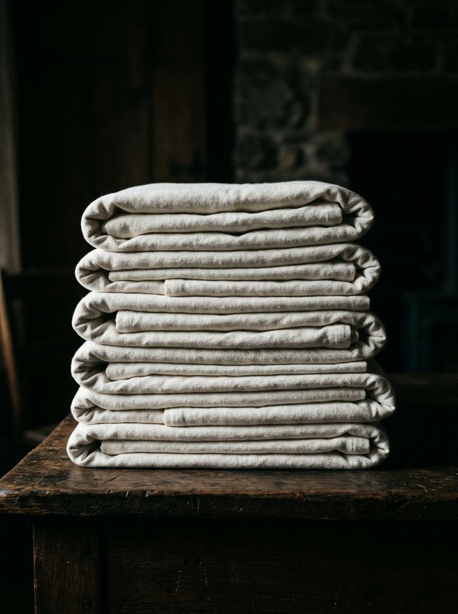 Une pile de draps en coton épais, soigneusement pliés, mettant en évidence leur poids et leur densité, symbolisant un grammage élevé.