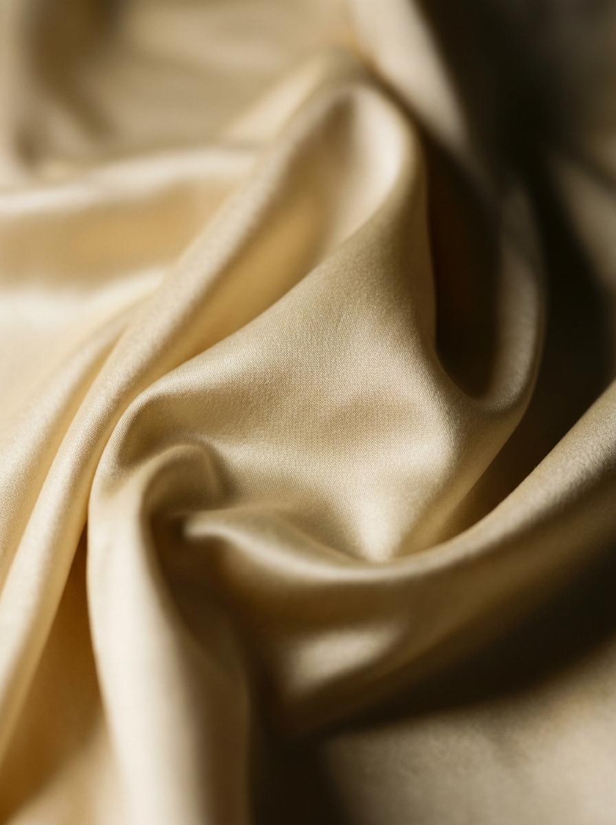 Gros plan sur un tissu en satin de coton drapé, où la lumière révèle une brillance soyeuse et une texture lisse.