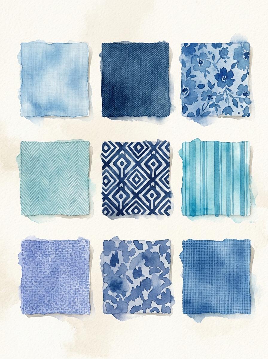 Une illustration à l'aquarelle de plusieurs échantillons de tissus de coton de différentes teintes et textures, disposés pour une comparaison.