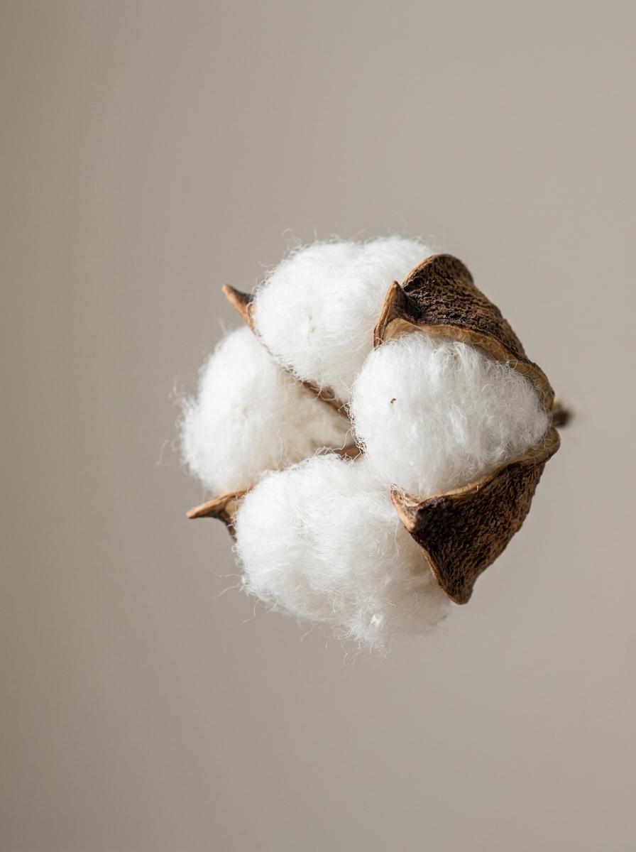 Gros plan macro sur une capsule de coton biologique brute, montrant la pureté et la douceur de ses fibres naturelles sur un fond neutre.