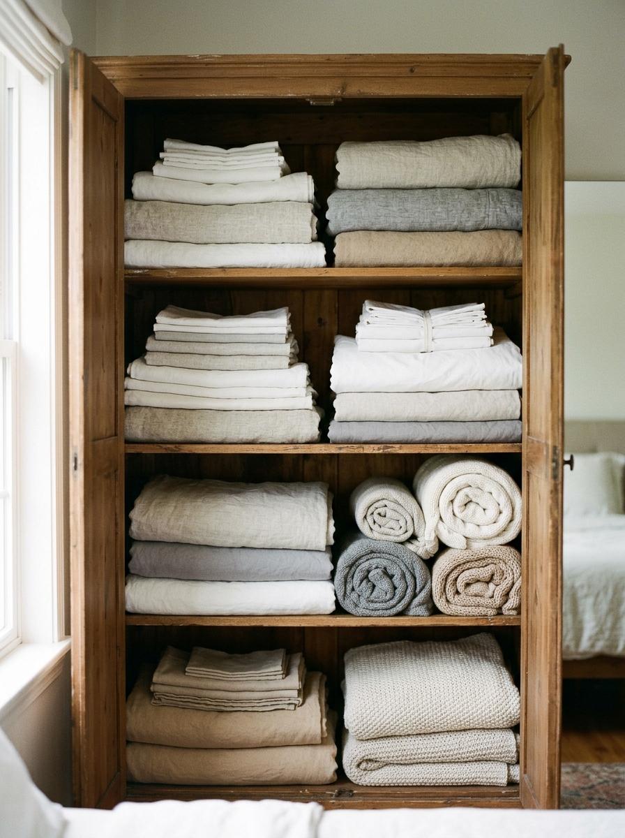 Placard ouvert et bien rangé contenant des piles de linge de lit de haute qualité, pliées avec soin, dans des tons naturels.