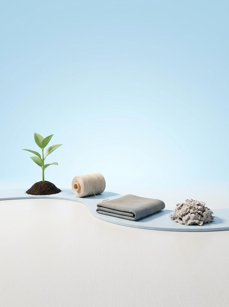 Rendu 3D stylisé du cycle de vie d'un textile, de la plante à la fibre, au tissu, puis au recyclage, sur un fond épuré.