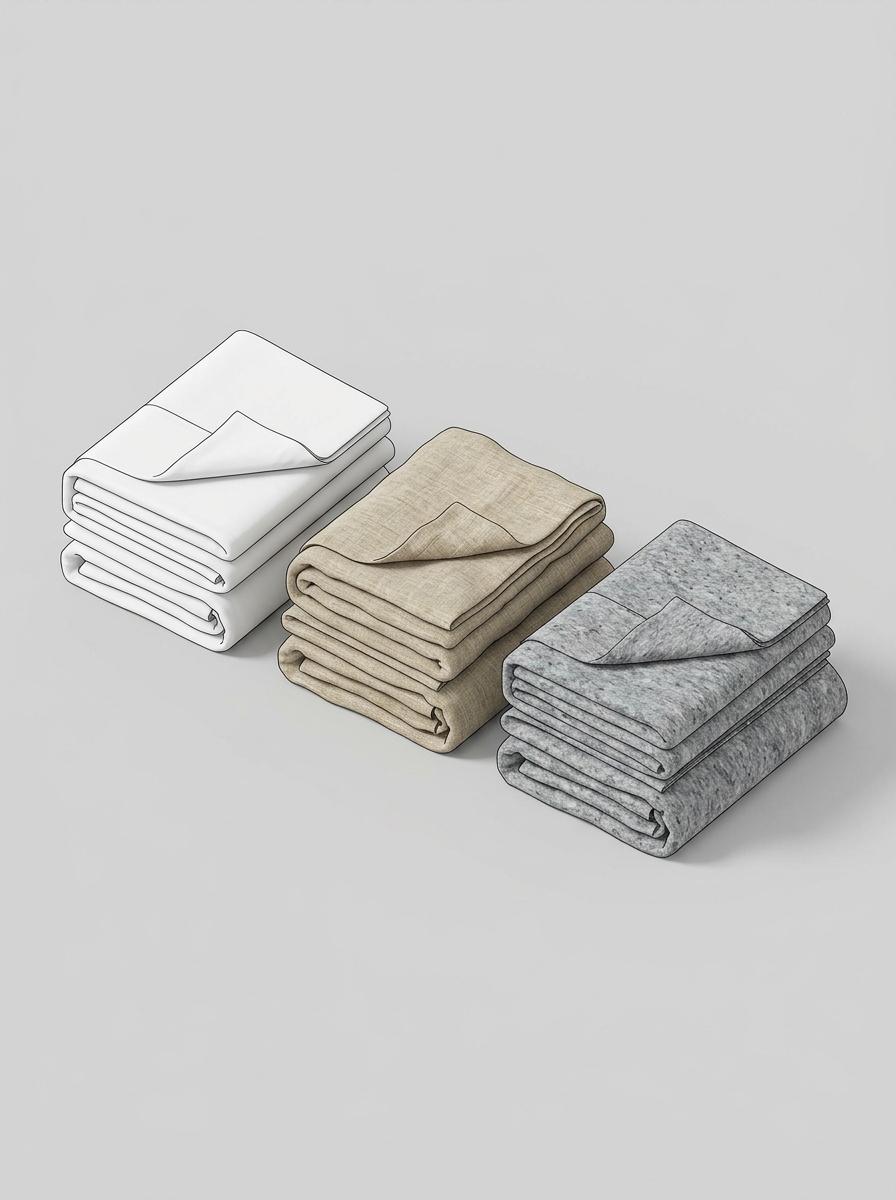 Vue de dessus de trois piles de linge de lit distinctes, représentant le coton, le lin et les fibres recyclées, pour une comparaison visuelle.