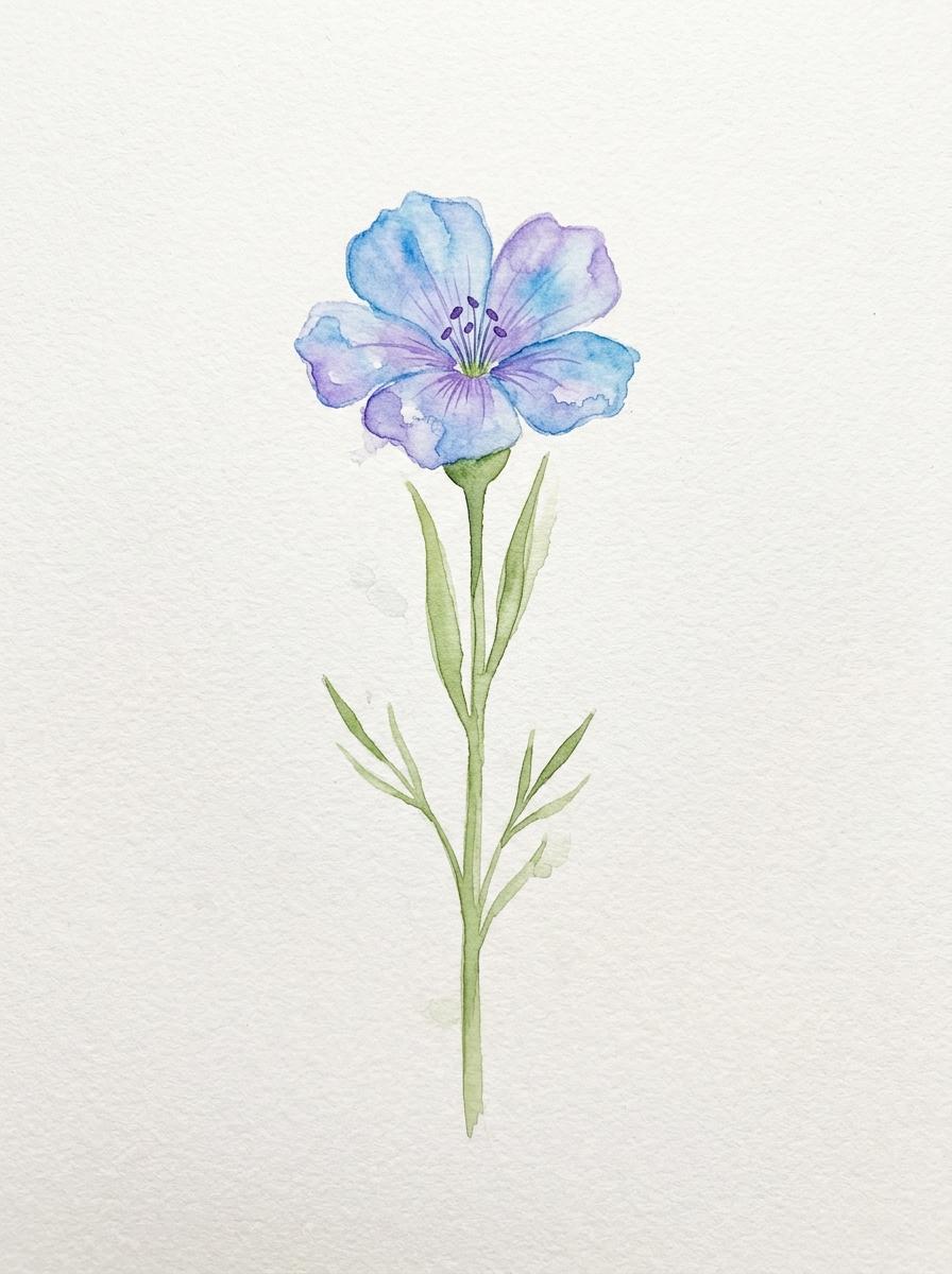 Illustration artistique à l'aquarelle d'une fleur de lin, symbolisant l'engagement envers des matériaux naturels et fiables.