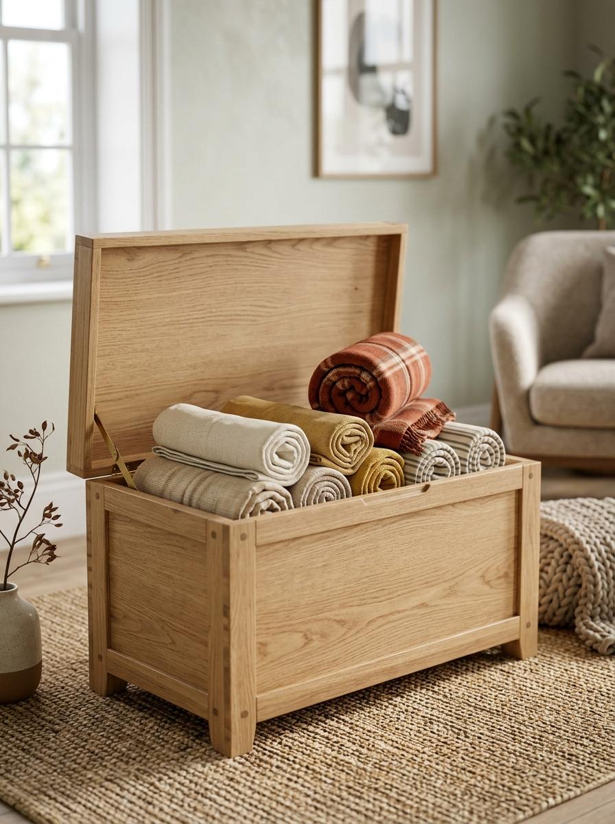 Un coffre de rangement en bois ouvert, montrant des plaids et des housses de coussin soigneusement roulés, illustrant un rangement efficace.