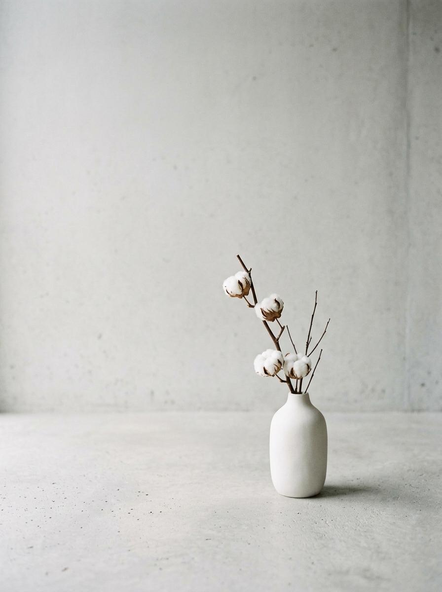 Une composition minimaliste d'un vase en céramique avec une branche de coton séchée, symbolisant une maison en harmonie simple et sereine.