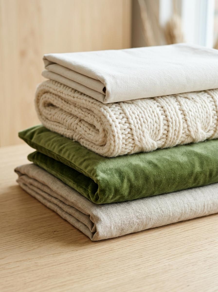 Une pile de textiles de maison pliés, montrant diverses textures comme le lin, le velours et la laine, représentant une 'garde-robe déco'.
