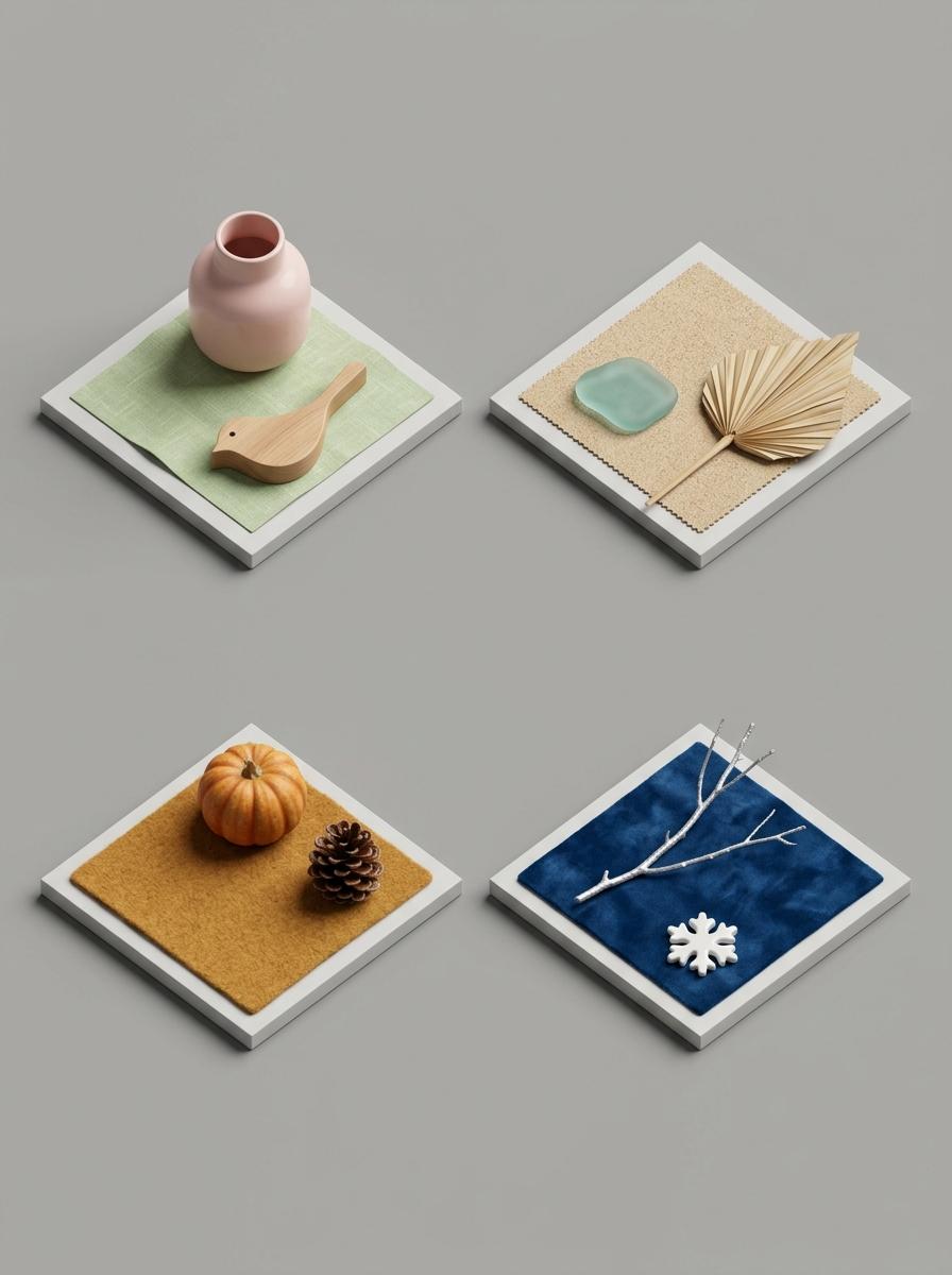 Vue de dessus de quatre kits de décoration saisonniers distincts, chacun avec des objets et des textiles représentant le printemps, l'été, l'automne et l'hiver.