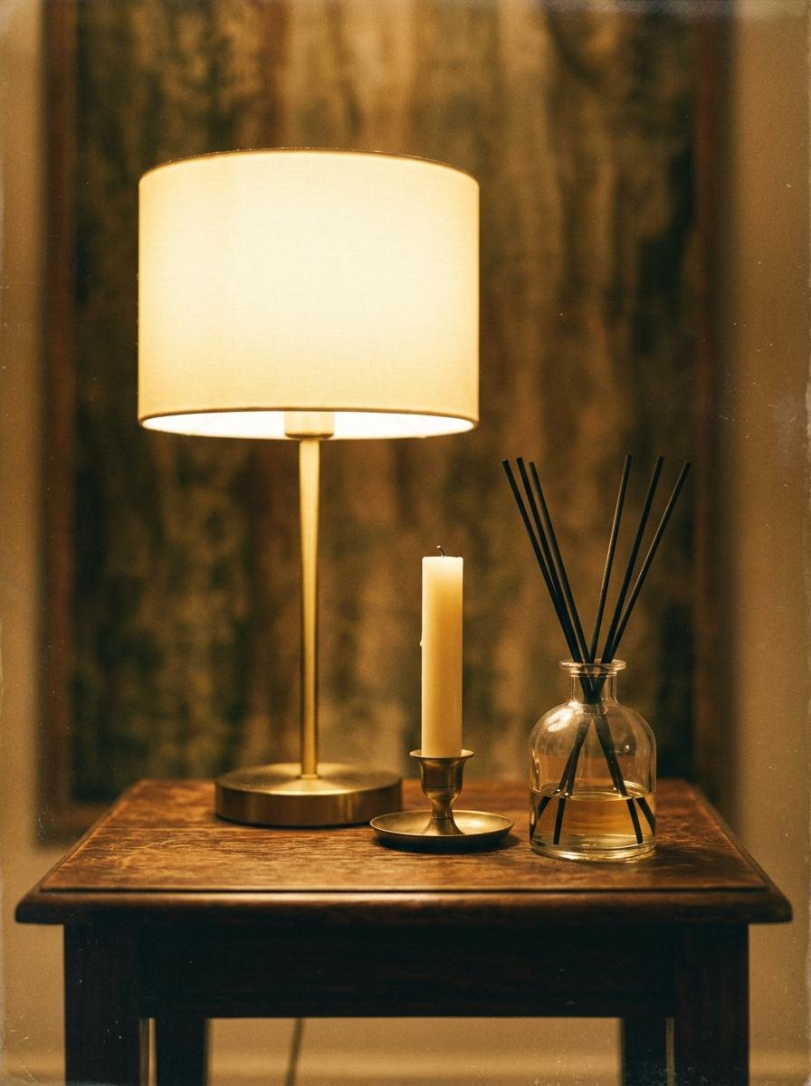 Une lampe de table émettant une lueur chaude à côté d'une bougie et d'un diffuseur de parfum, créant une ambiance de confort invisible.
