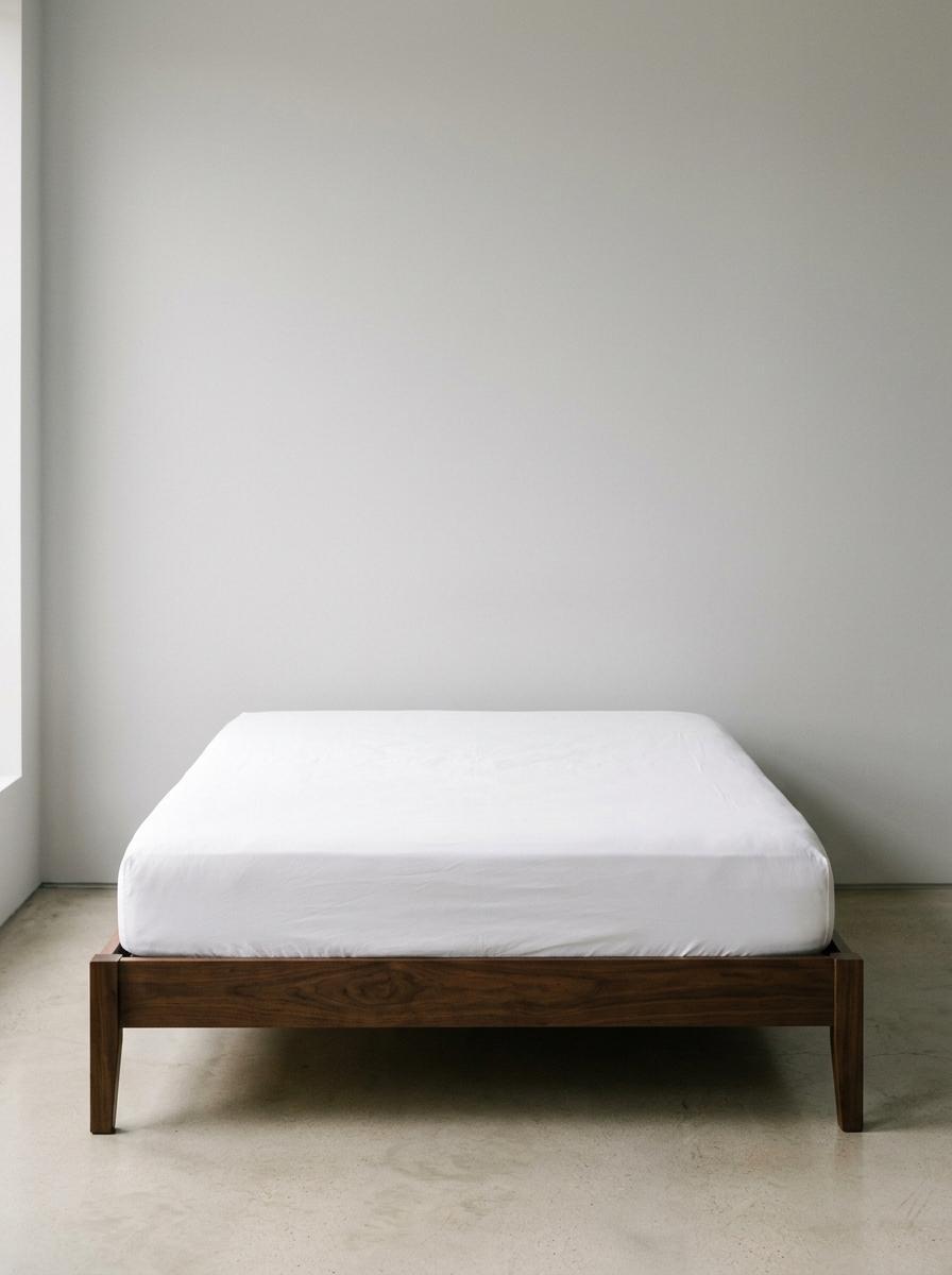 Un lit simple avec un drap-housse blanc immaculé sur un fond neutre, symbolisant une toile vierge prête pour la décoration.