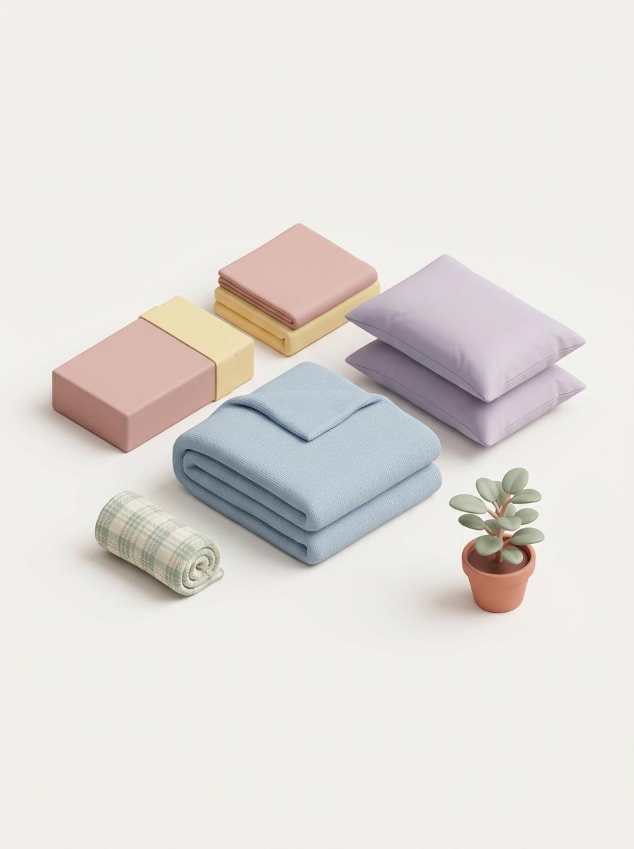 Une illustration 3D isométrique montrant des éléments de décoration de lit — une couette pliée, des oreillers, un plaid — prêts à être assemblés.