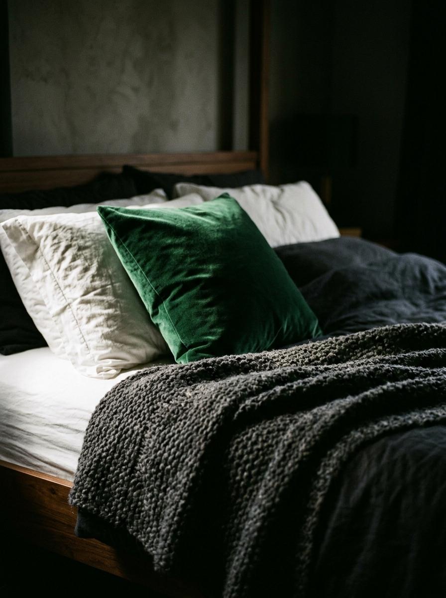 Gros plan sur le coin d'un lit montrant la superposition de textures : un plaid en laine, un coussin en velours et une housse en percale de coton.