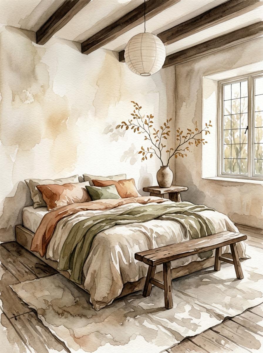Une illustration à l'aquarelle d'une chambre de style Wabi-Sabi, avec un lit bas habillé de lin naturel et des tons terreux.