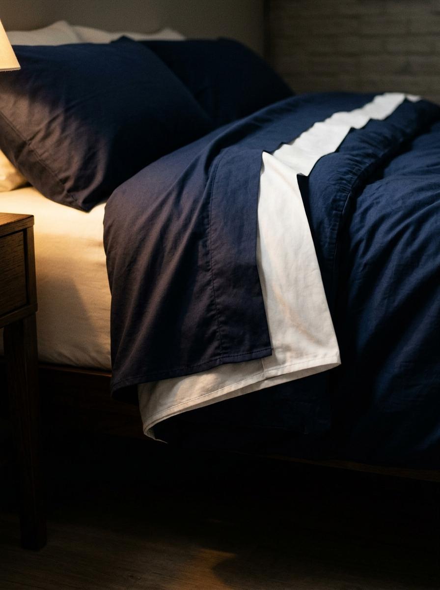 Coin d'un lit fait avec des draps en percale bleu marine, éclairé par une lumière douce, créant une ambiance calme et reposante.