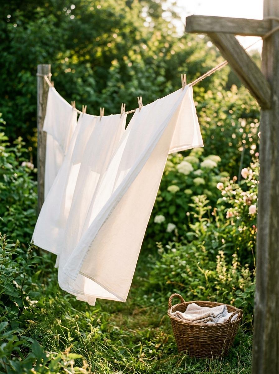 Draps en coton blanc fraîchement lavés séchant sur une corde à linge au soleil, dans un jardin verdoyant.