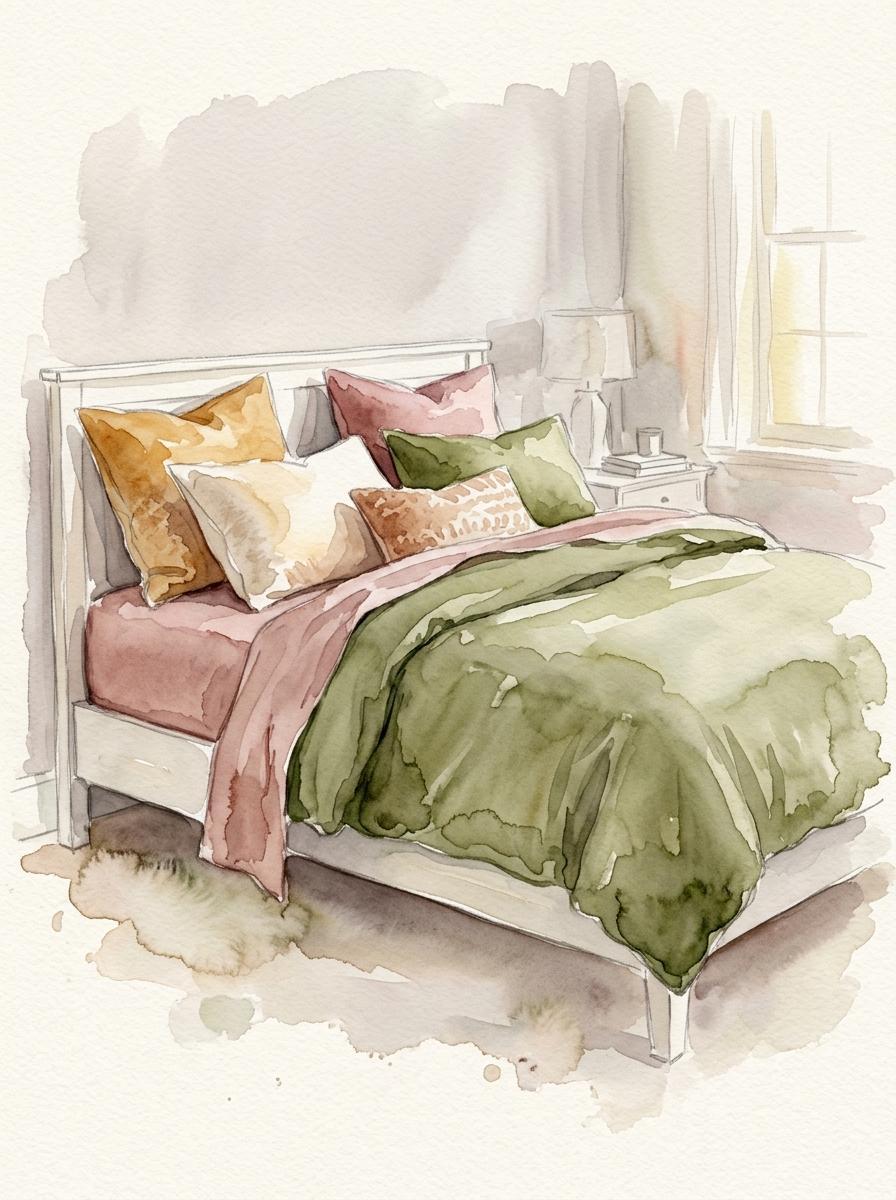 Illustration artistique d'un lit d'été avec des parures de lit aux couleurs tendance 2026 : vert olive, rose poudré et ocre.