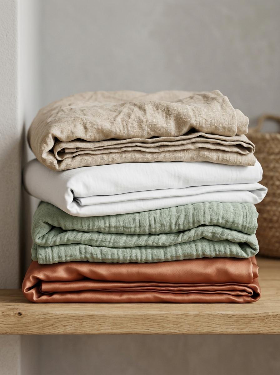 Pile de draps d'été de différentes matières et couleurs : lin, percale de coton, gaze de coton et Tencel.