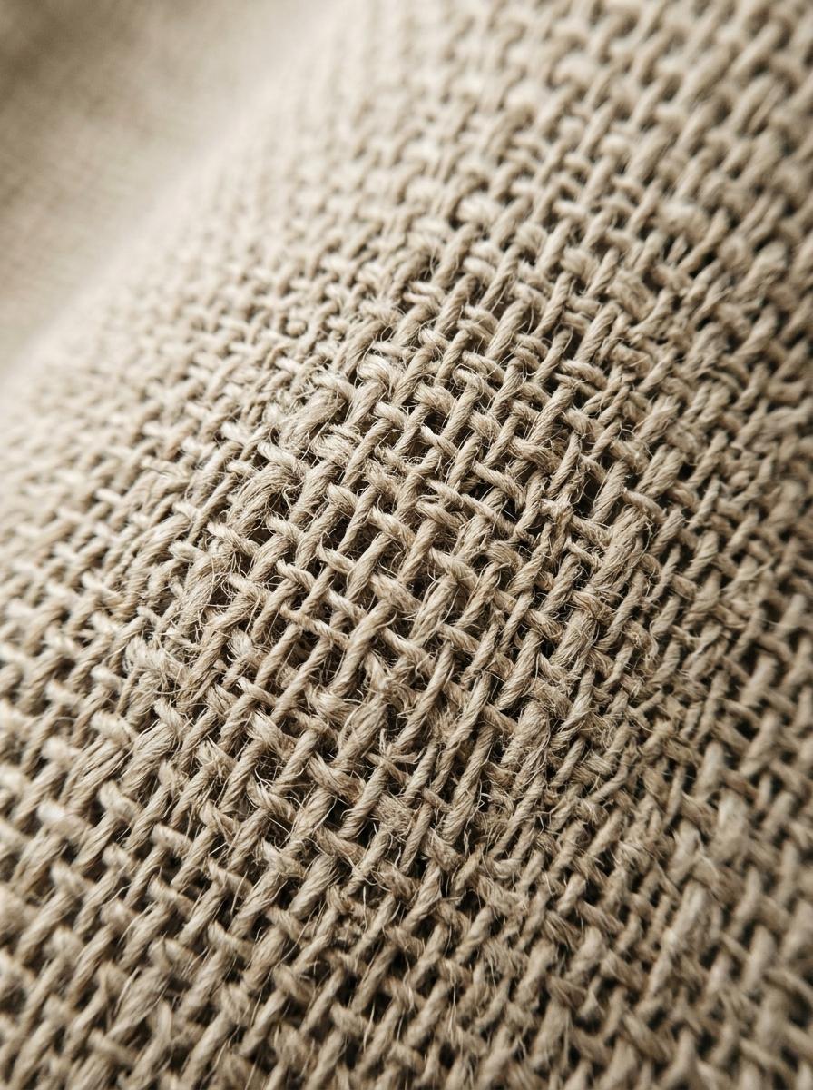 Macro photographie de la texture d'un tissu en lin naturel, montrant le tissage lâche et respirant idéal pour l'été.