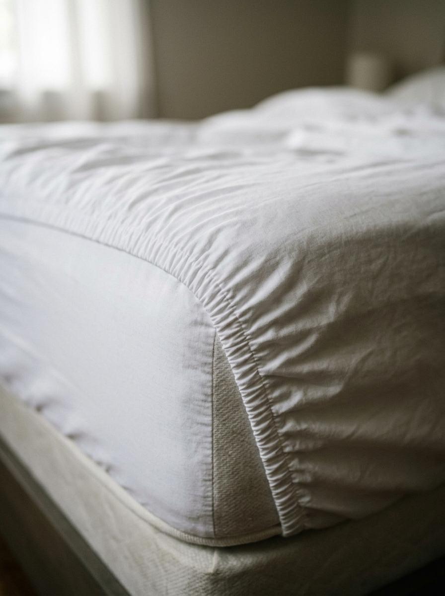Gros plan sur le coin d'un matelas, montrant l'élastique d'un drap-housse blanc qui l'enveloppe parfaitement, soulignant sa fonction de protection.
