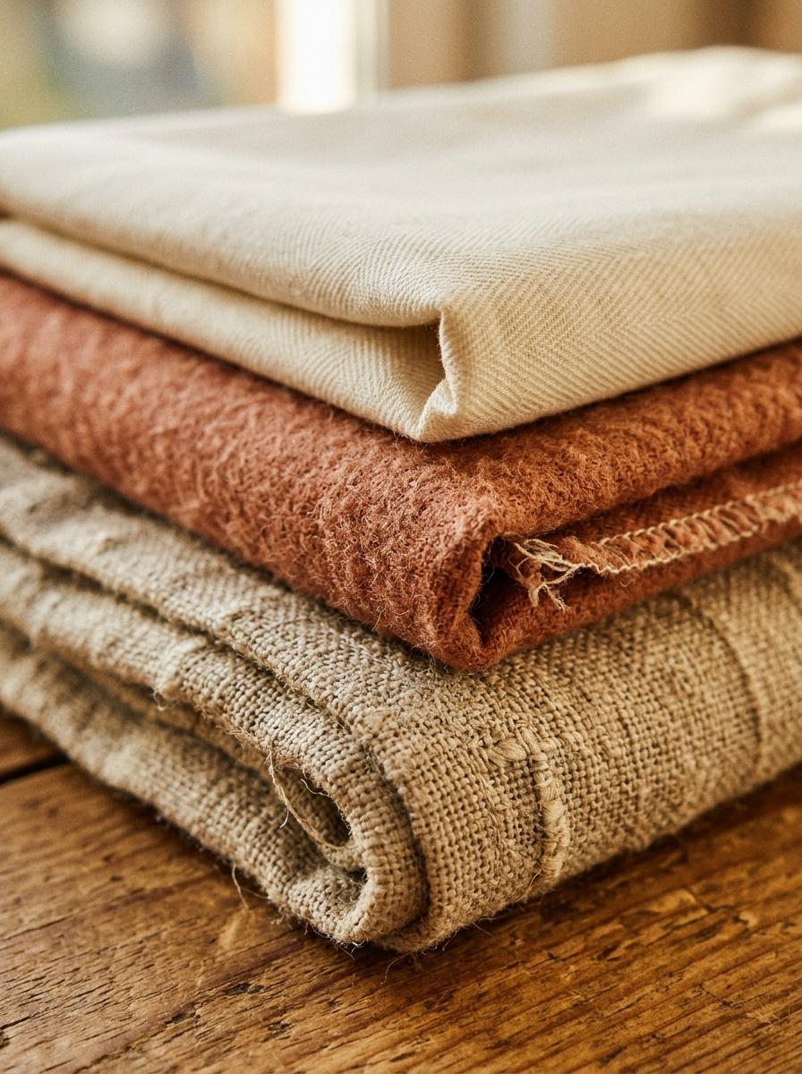 Prise de vue macro d'une pile de draps de différentes textures (lin, percale, flanelle) dans des couleurs terreuses, mettant en avant le choix des matières.