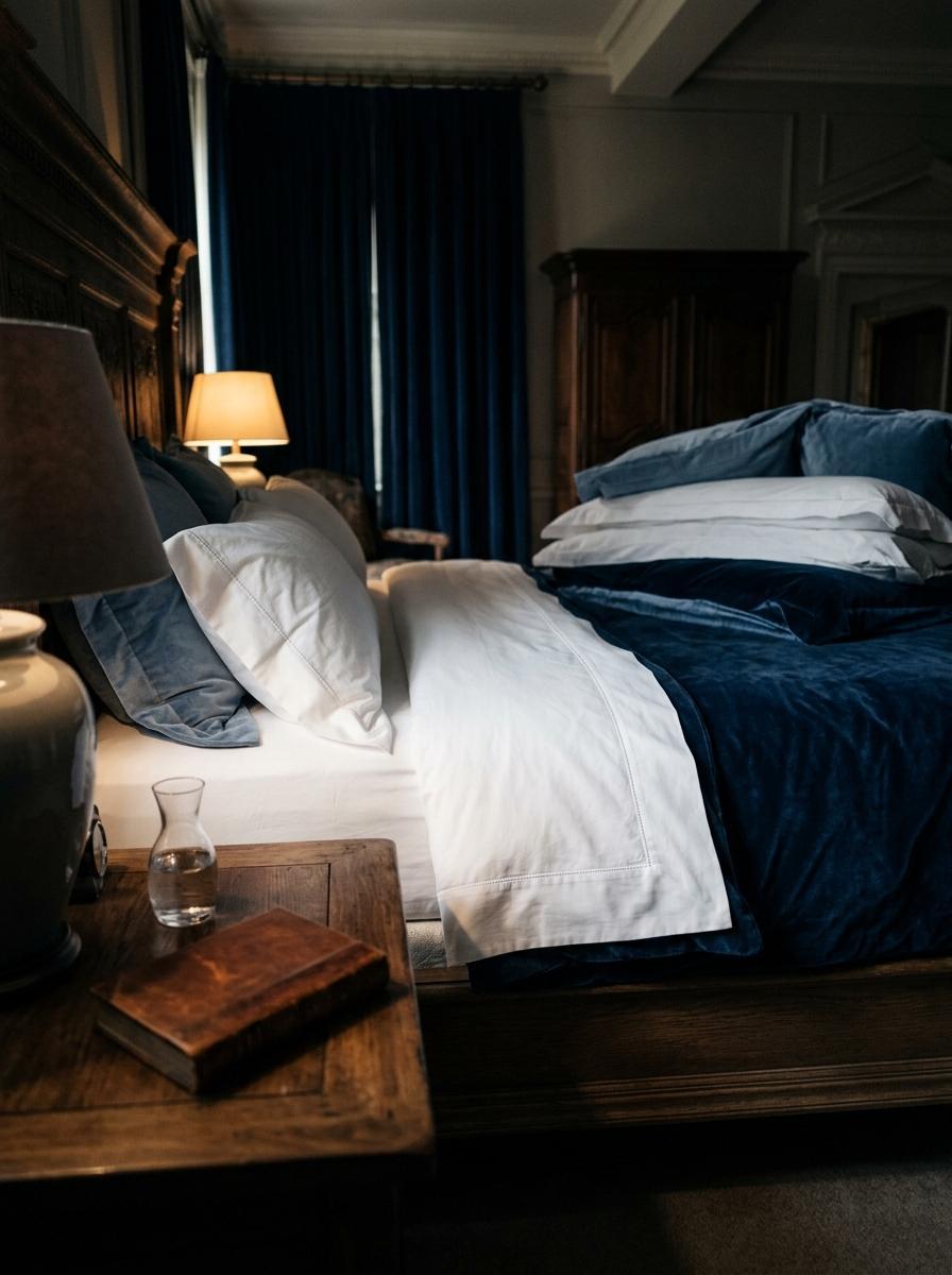 Un lit avec une couette bleu foncé repliée, révélant un drap plat blanc immaculé en dessous, créant une ambiance confortable et hygiénique.