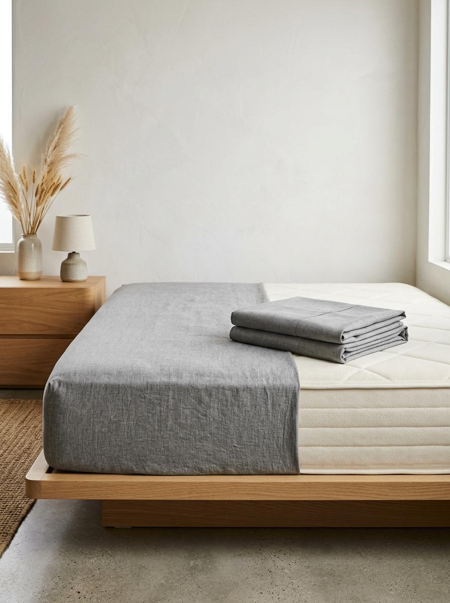 Un matelas à moitié recouvert d'un drap-housse gris tendu, avec un drap plat assorti plié sur l'autre moitié pour une comparaison directe.