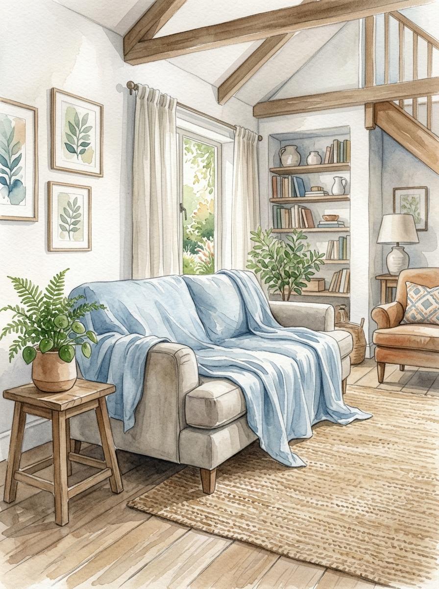 Illustration à l'aquarelle d'un drap plat en lin bleu utilisé comme une jetée élégante sur un canapé dans un salon.