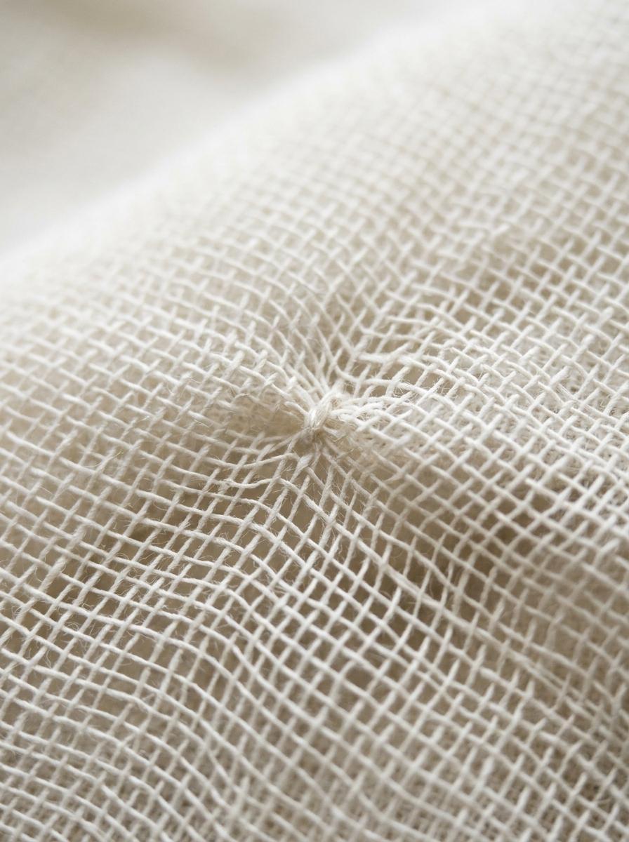 Gros plan extrême sur la texture d'un tissu en double gaze de coton, montrant le tissage lâche et aéré.