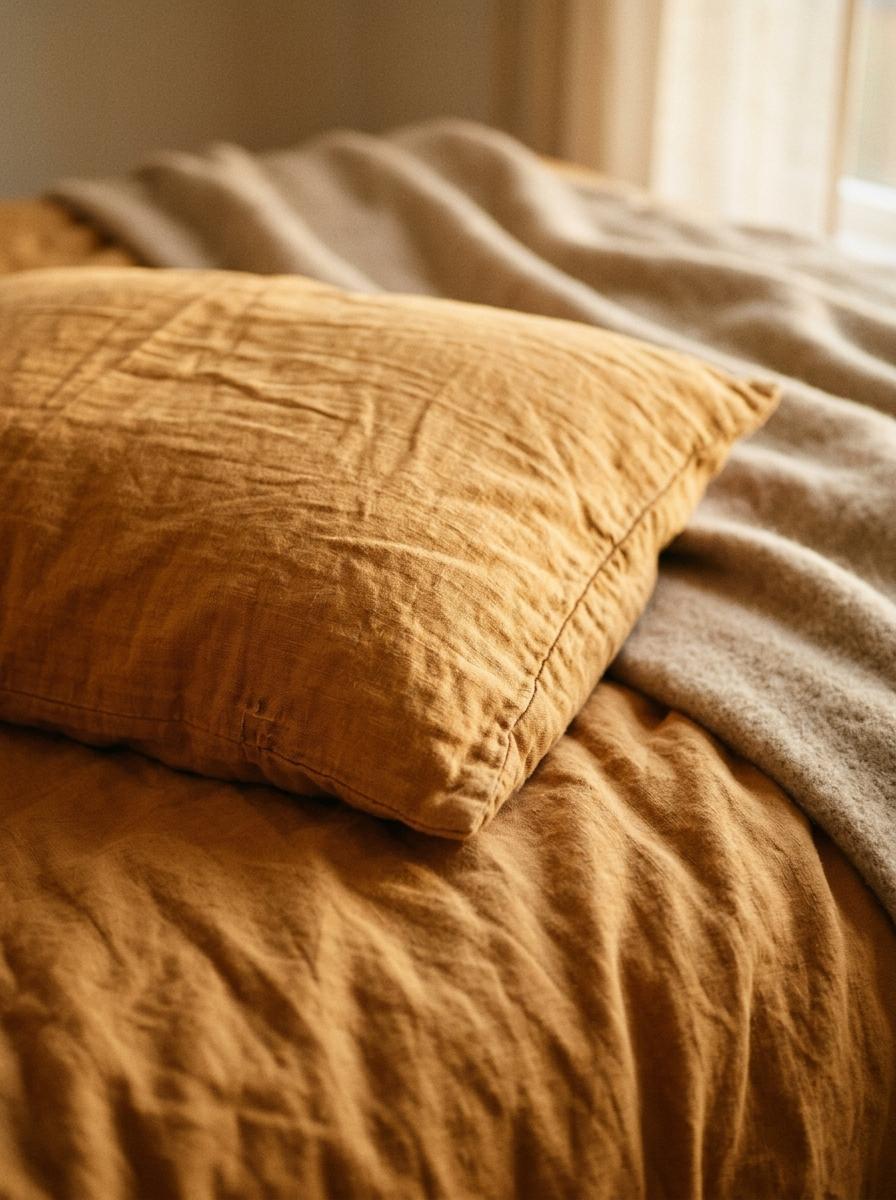 Gros plan sur le coin d'un lit avec un oreiller et une couette en gaze de coton ocre, créant une ambiance chaleureuse.
