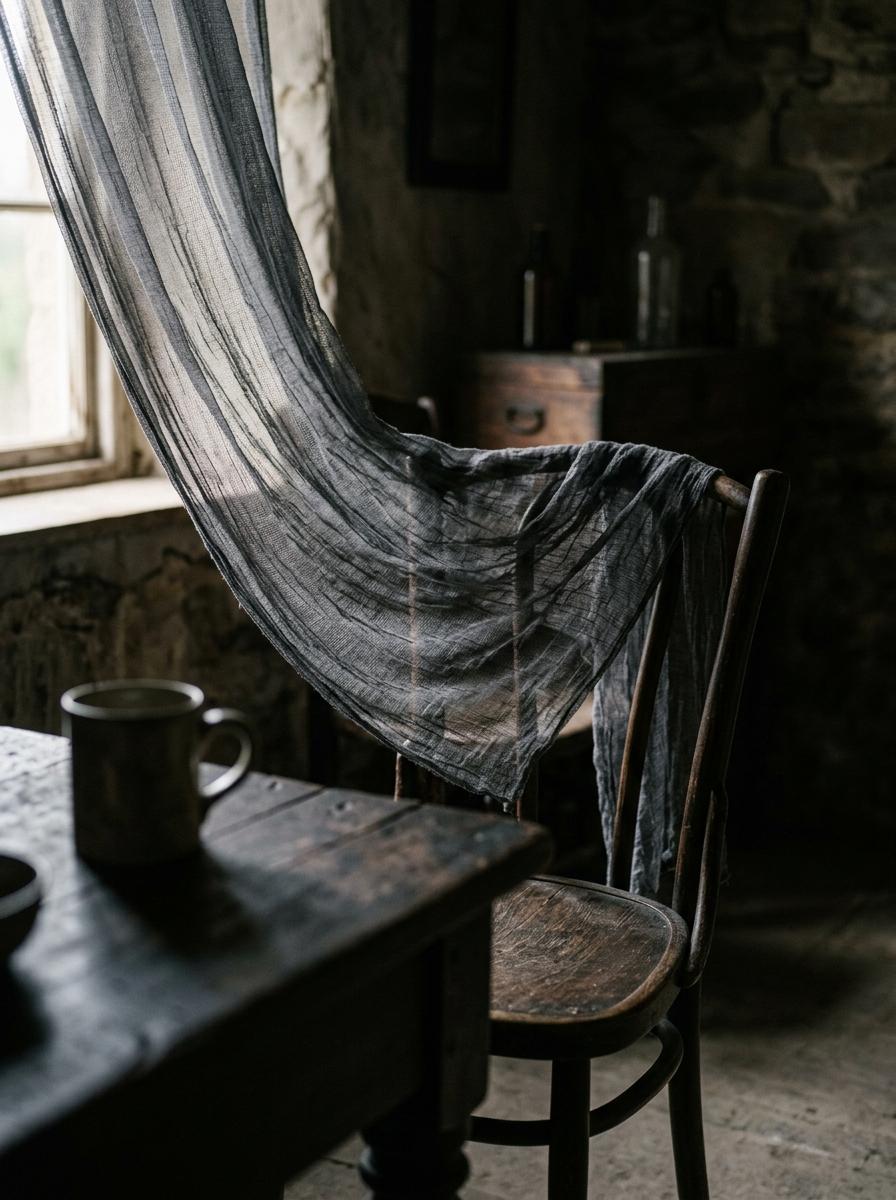 Un drap en gaze de coton gris foncé drapé sur une chaise, montrant sa légèreté et sa texture délicate.