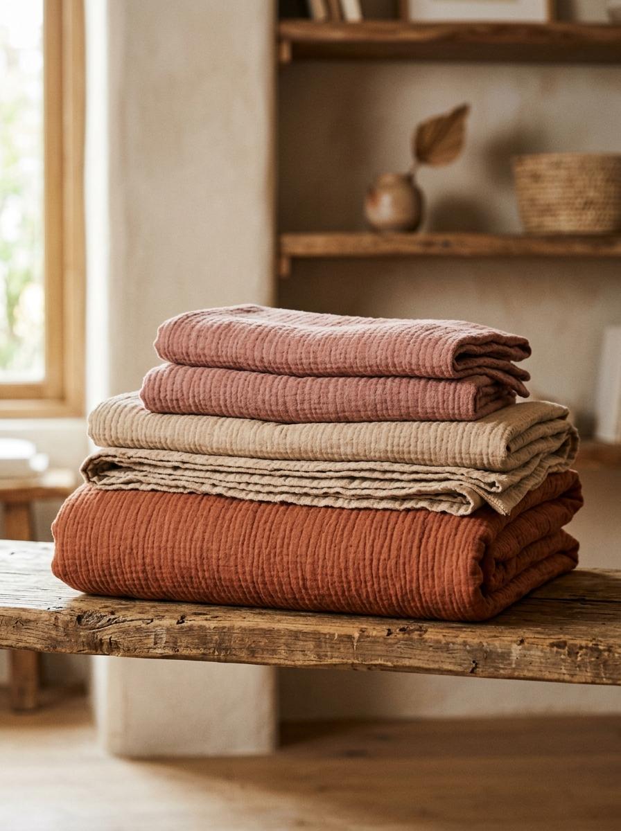 Une pile de linge de lit en gaze de coton plié dans des tons terreux, mettant en avant leur douceur.