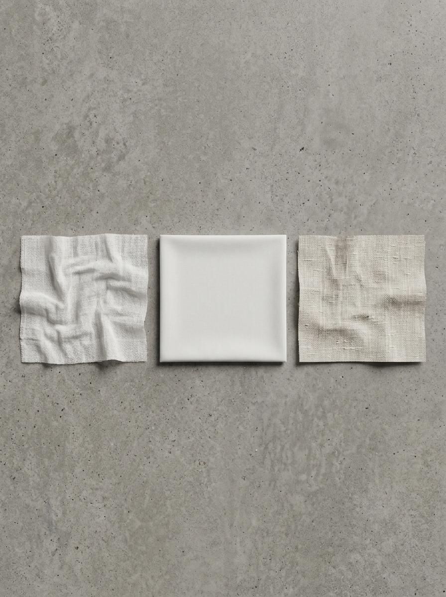Vue de dessus de trois échantillons de tissu : gaze de coton, percale et lin, pour comparer leurs textures.