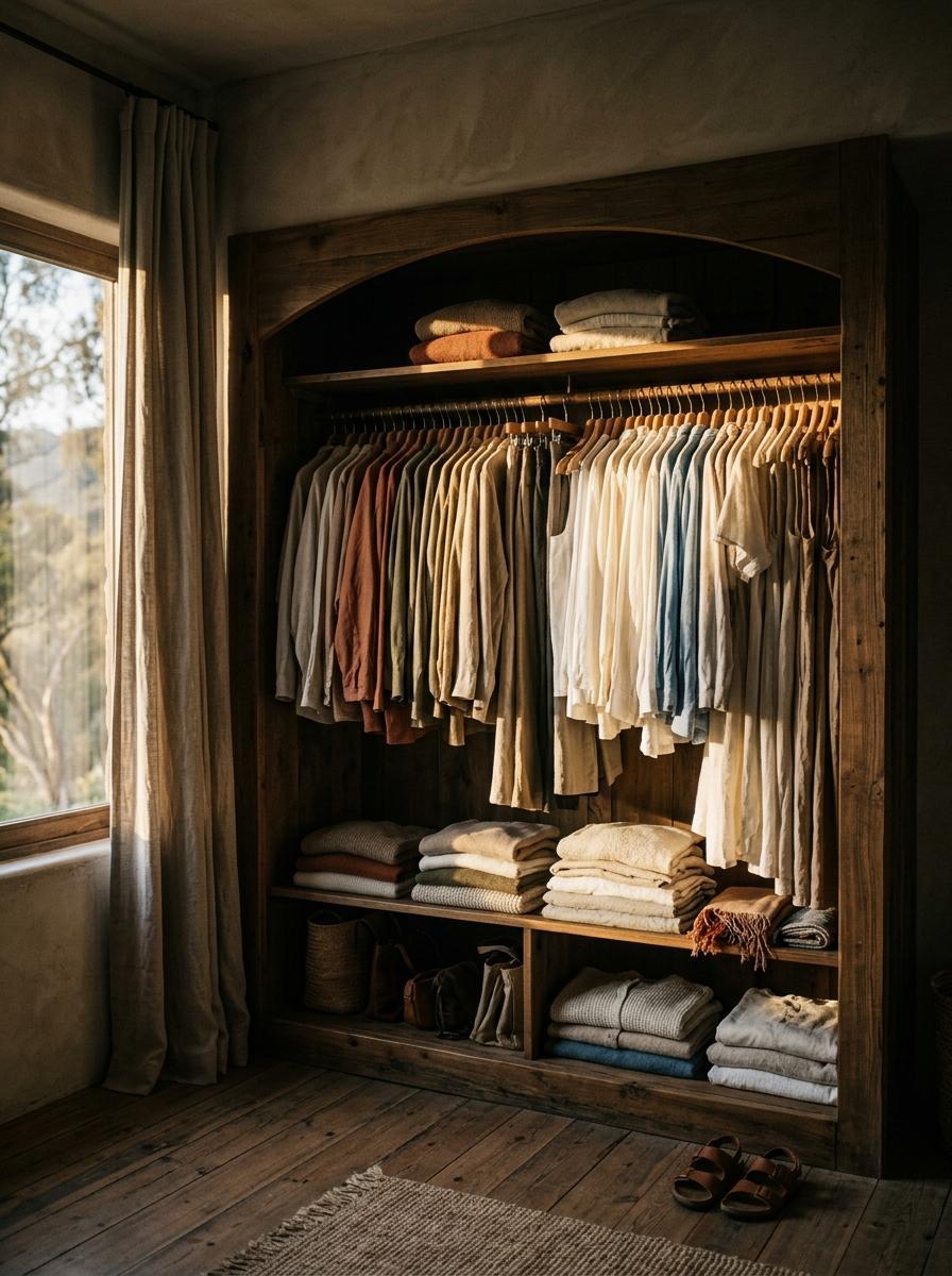 Une garde-robe ouverte et organisée, remplie de vêtements en fibres naturelles aux tons apaisants, éclairée par une lumière chaude.