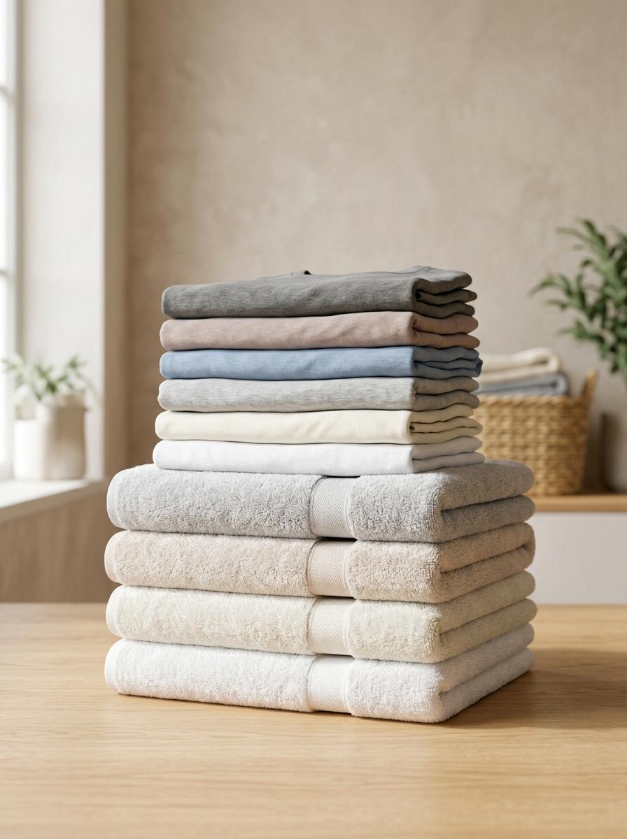 Une pile parfaitement symétrique de serviettes et de vêtements doux et fraîchement lavés, symbolisant un entretien textile doux et soigné.