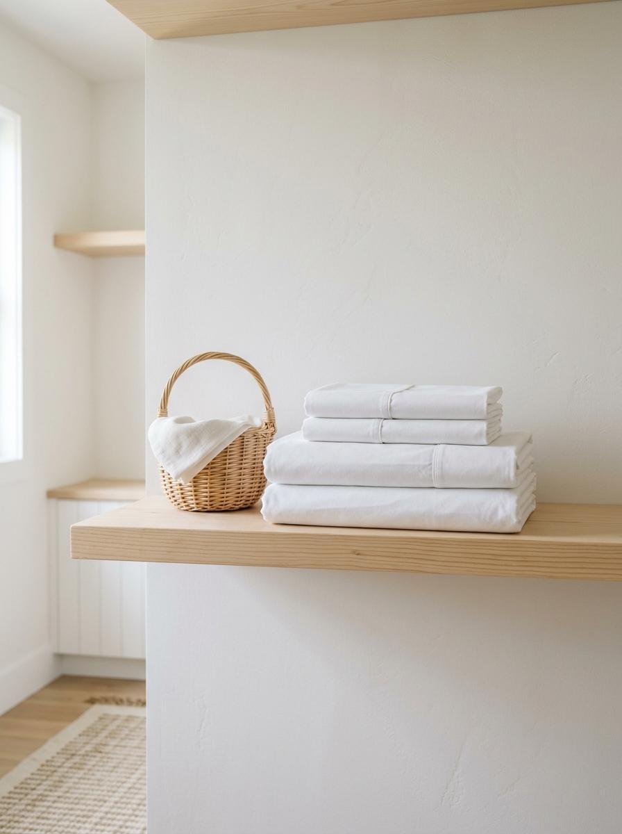 Une pile de draps en percale de coton blanc, fraîchement lavés et pliés, rangés sur une étagère en bois clair, illustrant un entretien soigné.