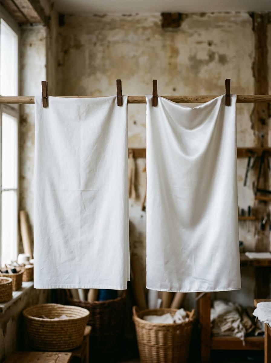 Comparaison côte à côte d'un tissu en percale de coton mat et d'un tissu en satin de coton brillant pour illustrer la différence de finition.