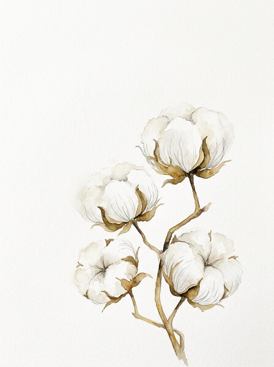 Une illustration à l'aquarelle de quelques fleurs de coton de haute qualité, symbolisant l'importance des fibres longues et naturelles.