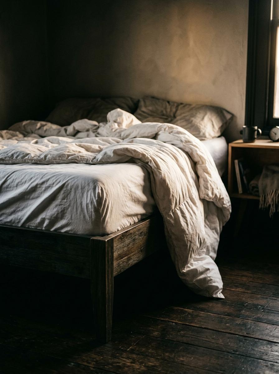 Le coin d'un lit avec des draps en percale légèrement froissés, baigné dans la douce lumière du matin, évoquant le confort et une bonne nuit de sommeil.