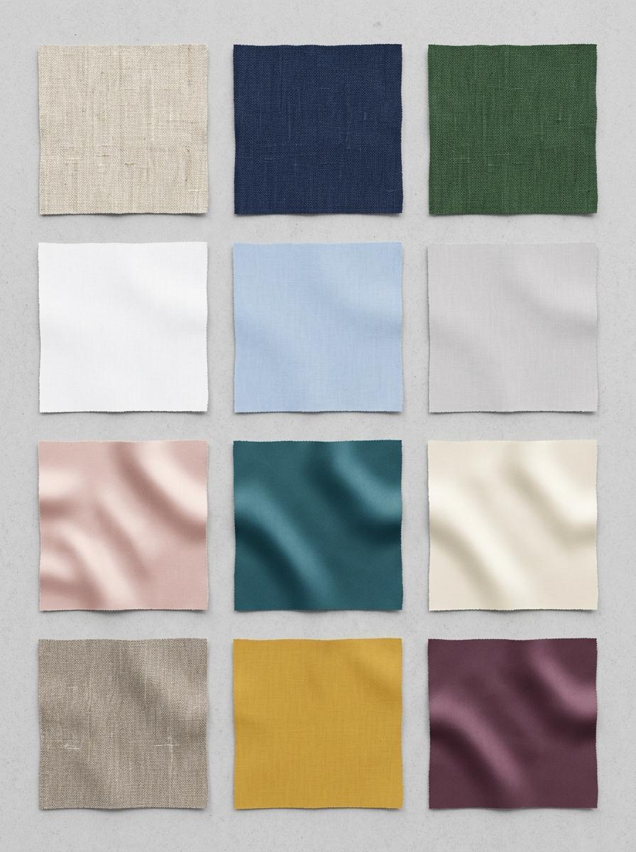 Vue de dessus d'échantillons de tissus de différentes textures et couleurs, organisés en grille pour symboliser une grille d'analyse et un choix éclairé.