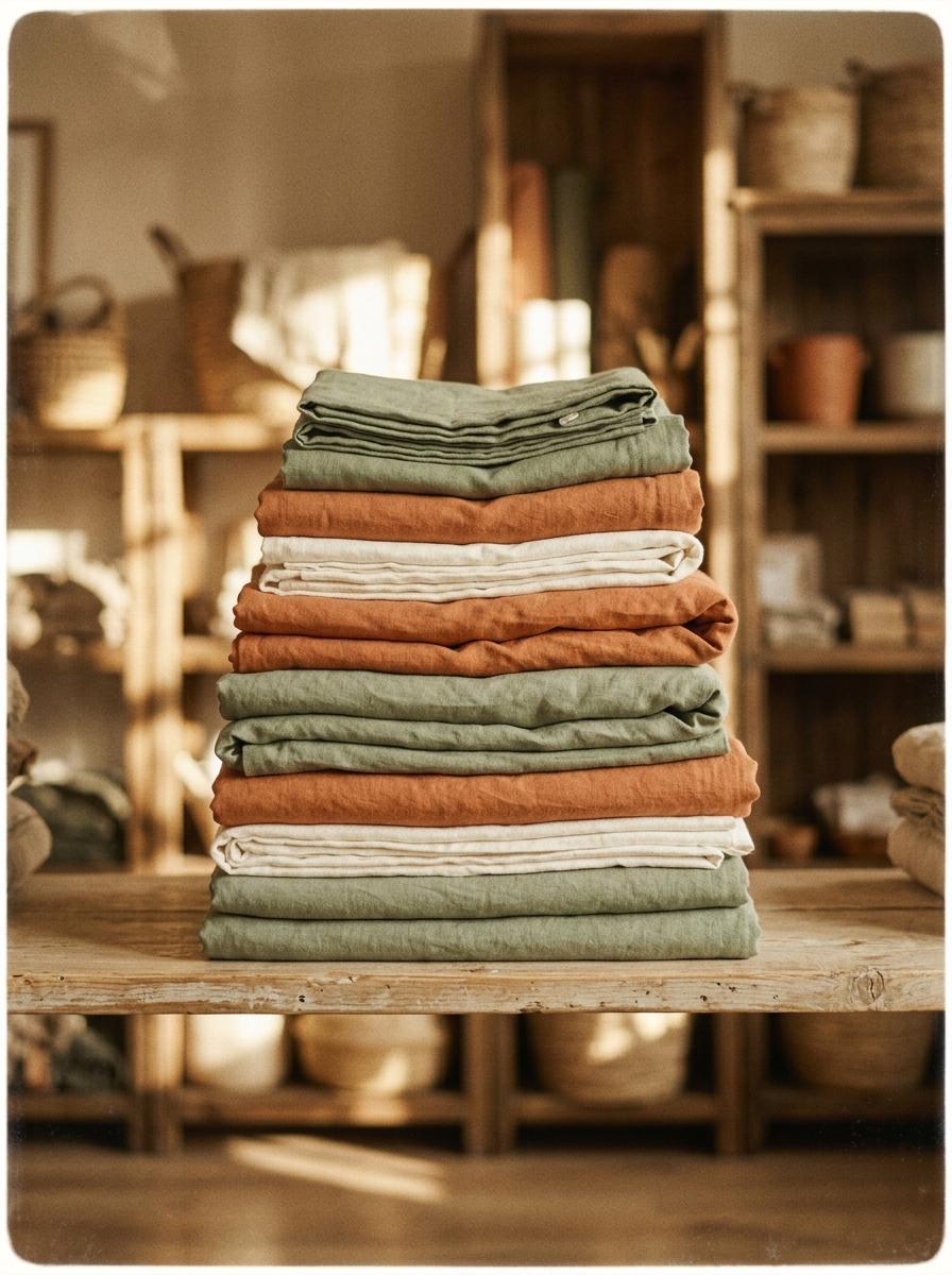 Pile de linge de lit français de haute qualité, plié avec soin sur une étagère en bois dans une boutique au style chaleureux.