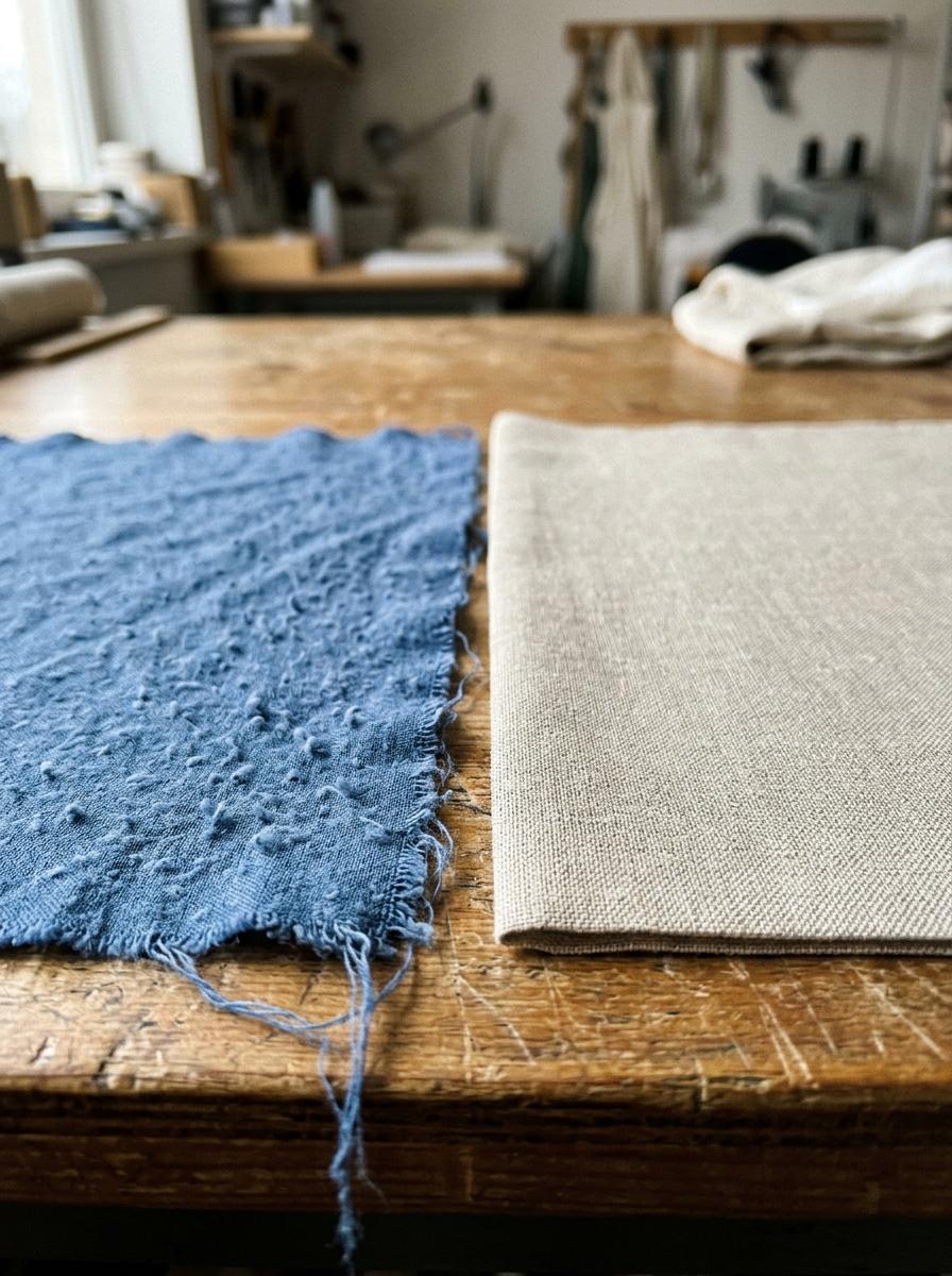Comparaison entre un tissu de mauvaise qualité, usé et bouloché, et un tissu en lin français, lisse et durable, illustrant le coût total de possession.