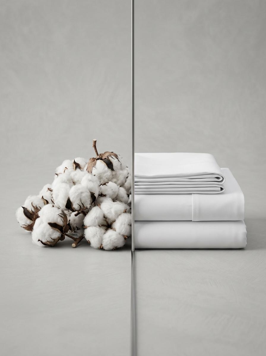 Composition comparative montrant des bourgeons de coton brut d'un côté et des draps propres et pliés de l'autre, illustrant la différence entre origine biologique et produit fini testé.
