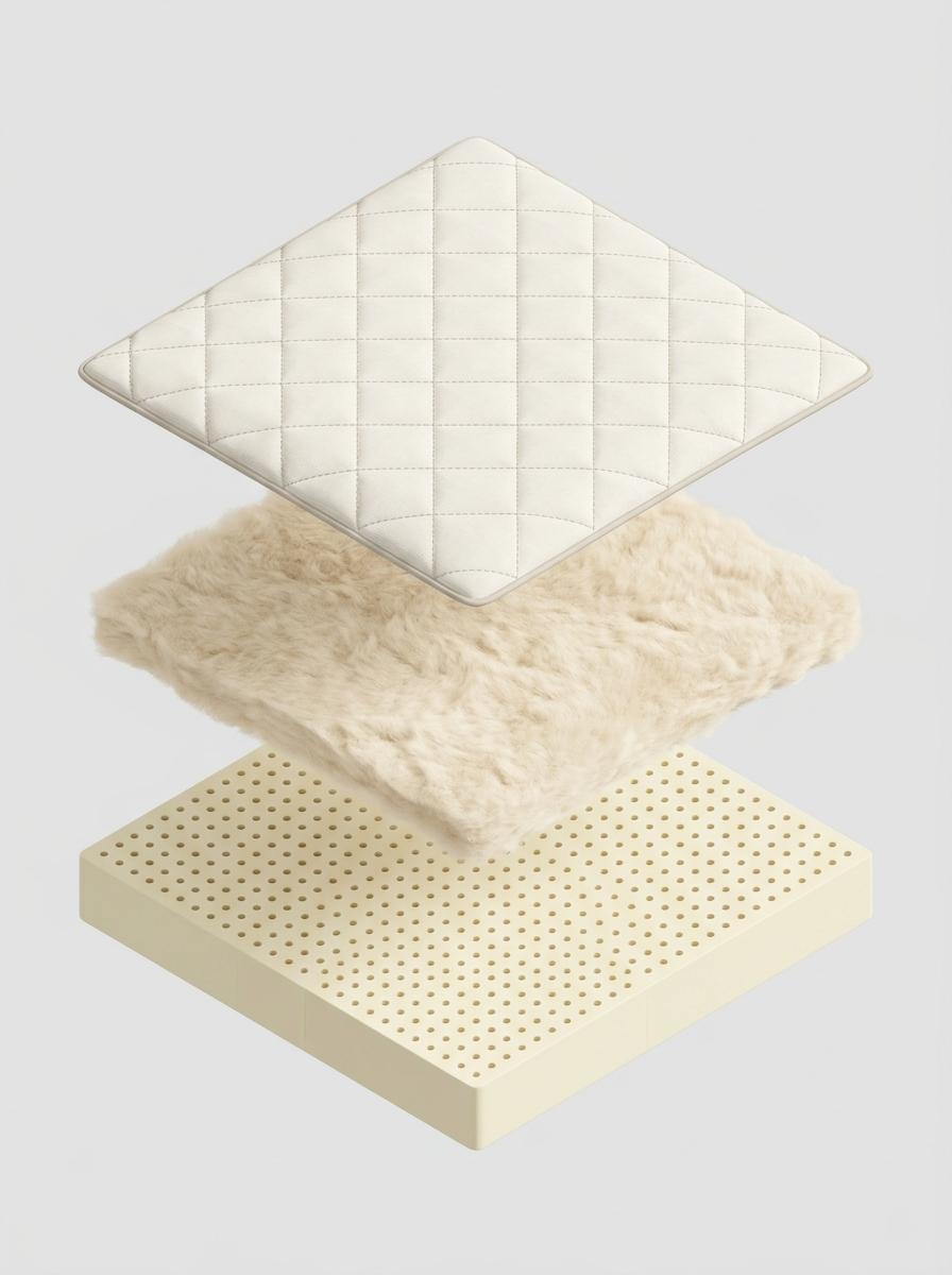 Illustration isométrique montrant les couches d'un matelas bio : coton, laine et latex naturel, représentant un environnement de sommeil sain.