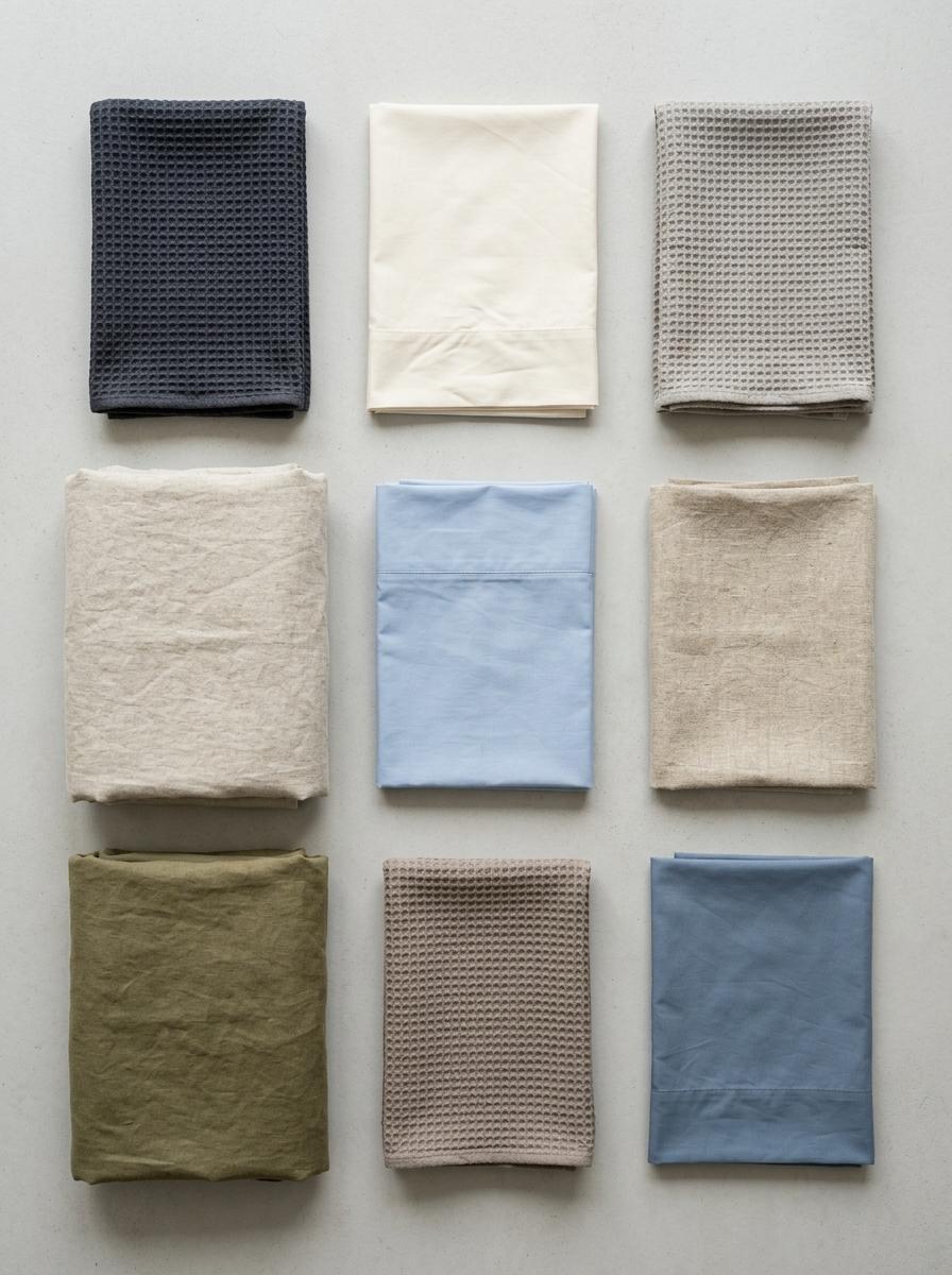 Illustration isométrique de linge de maison bien organisé (serviette, taie d'oreiller, housse), symbolisant une sélection méthodique et informée.