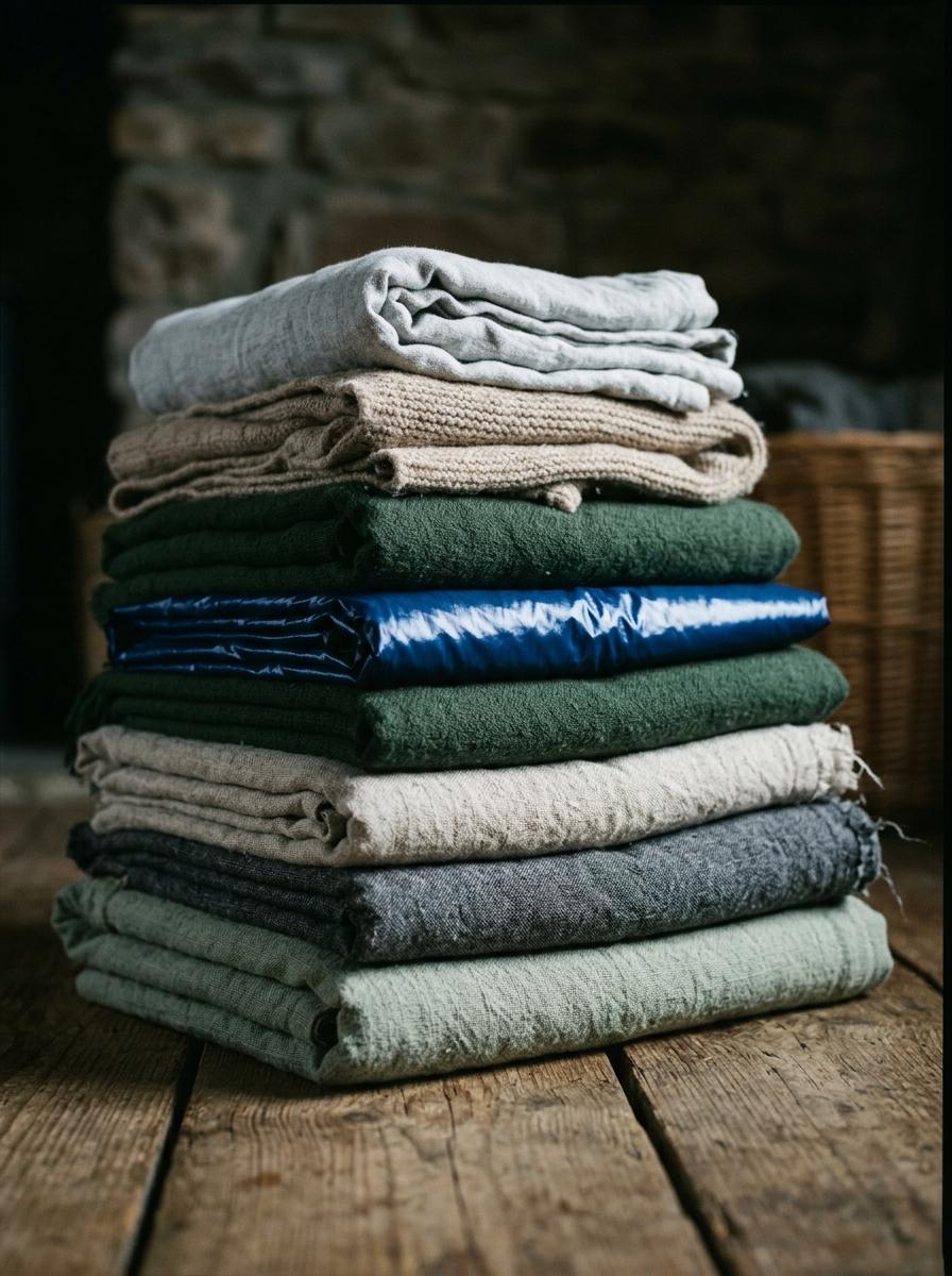 Gros plan sur une pile de linge de maison où un tissu synthétique et brillant contraste fortement avec des textiles en fibres naturelles de haute qualité.