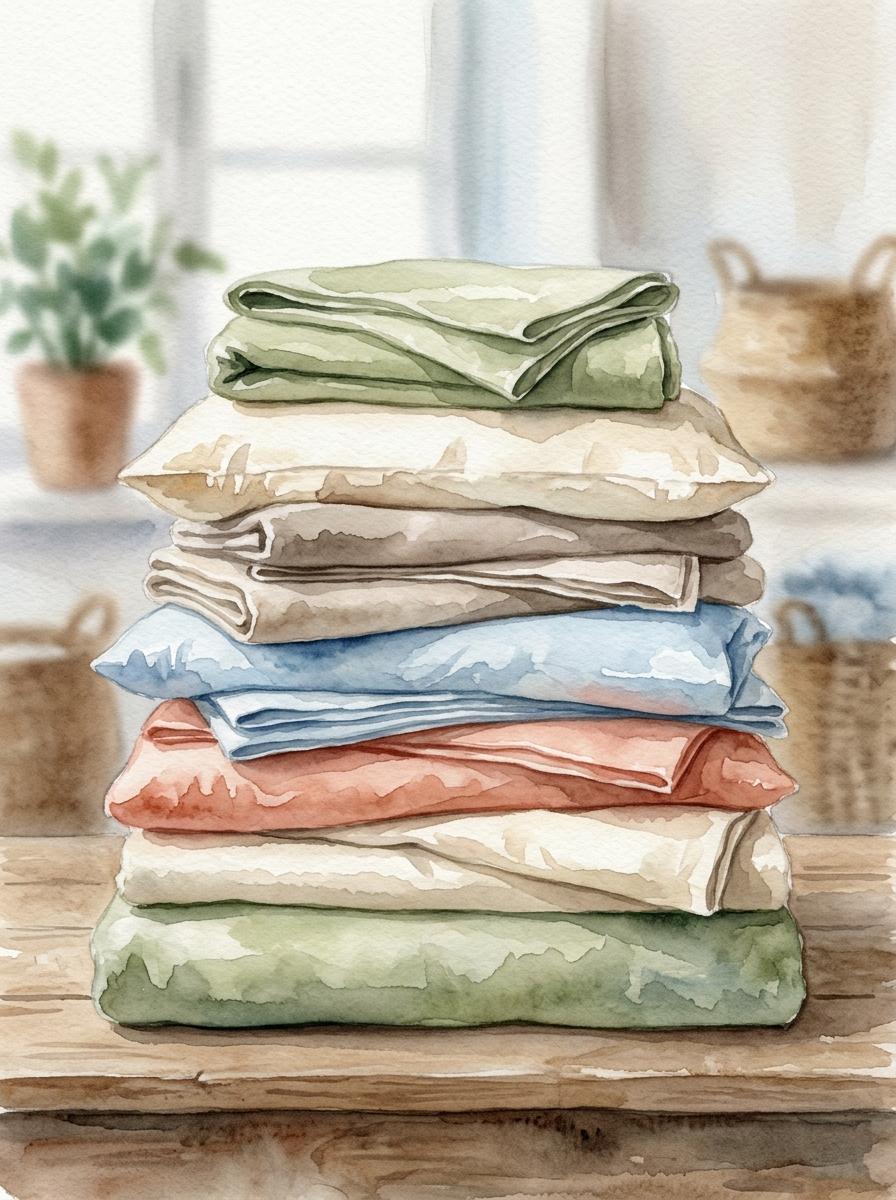Illustration à l'aquarelle d'une pile de linge de lit propre et biologique, évoquant un sentiment de paix et de choix conscient.
