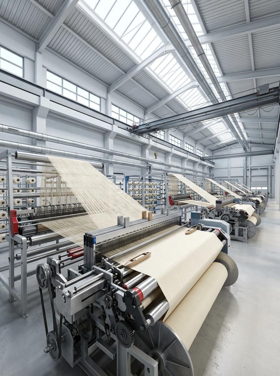 Un métier à tisser moderne dans une usine textile propre et ordonnée, illustrant une production réglementée et durable.