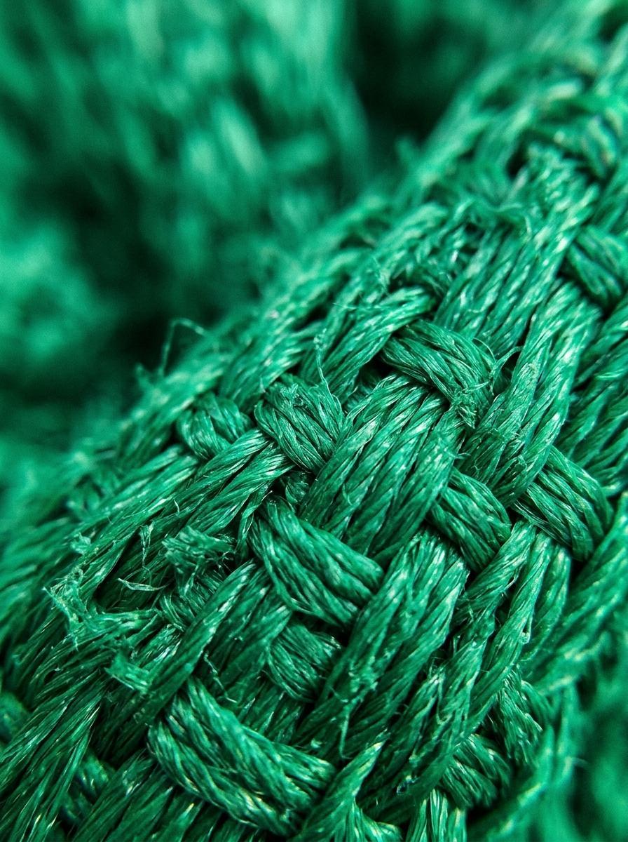 Vue macro d'une fibre textile synthétique teinte d'un vert artificiel, symbolisant une fausse allégation écologique.